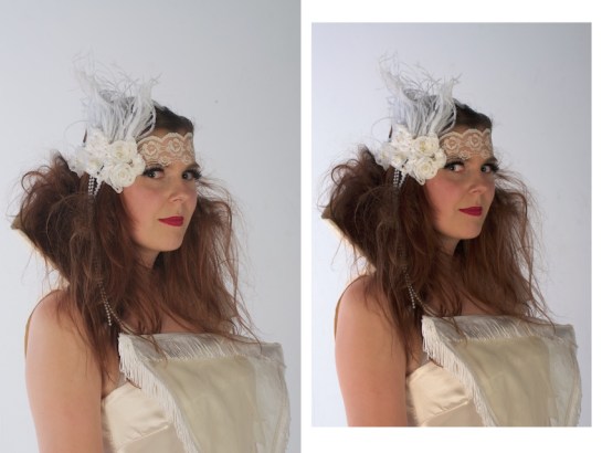 Although this doesn't show a lot of the dress detail, it does highlight the headdress, hair and makeup.    Very little work on this one (right).  Slightly darkened and a little highlight of the eyes.