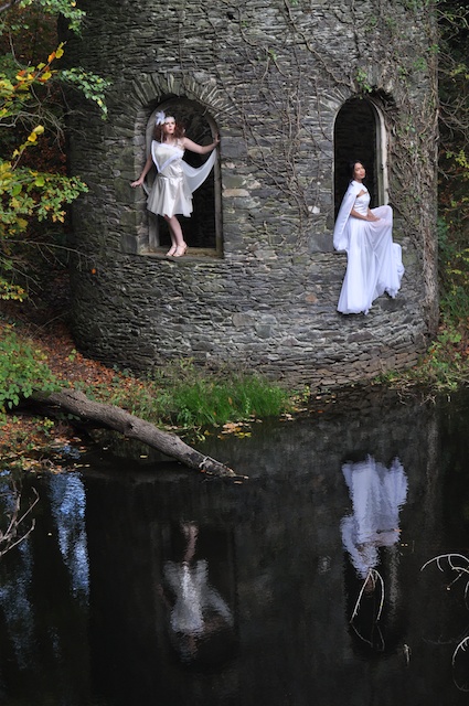 White dress outside turret from outcrop reflection for text